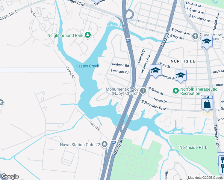 map of restaurants, bars, coffee shops, grocery stores, and more near 167 West Bayview Boulevard in Norfolk