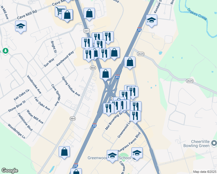 map of restaurants, bars, coffee shops, grocery stores, and more near Scottsville Road in Bowling Green
