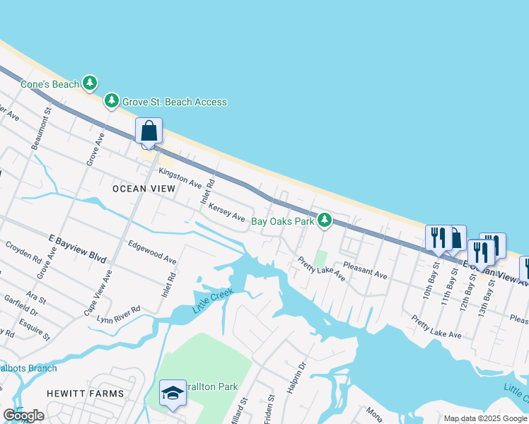 map of restaurants, bars, coffee shops, grocery stores, and more near 9609 1st Bay Street in Norfolk