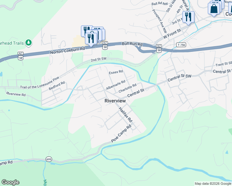 map of restaurants, bars, coffee shops, grocery stores, and more near State Route 1117 in Coeburn
