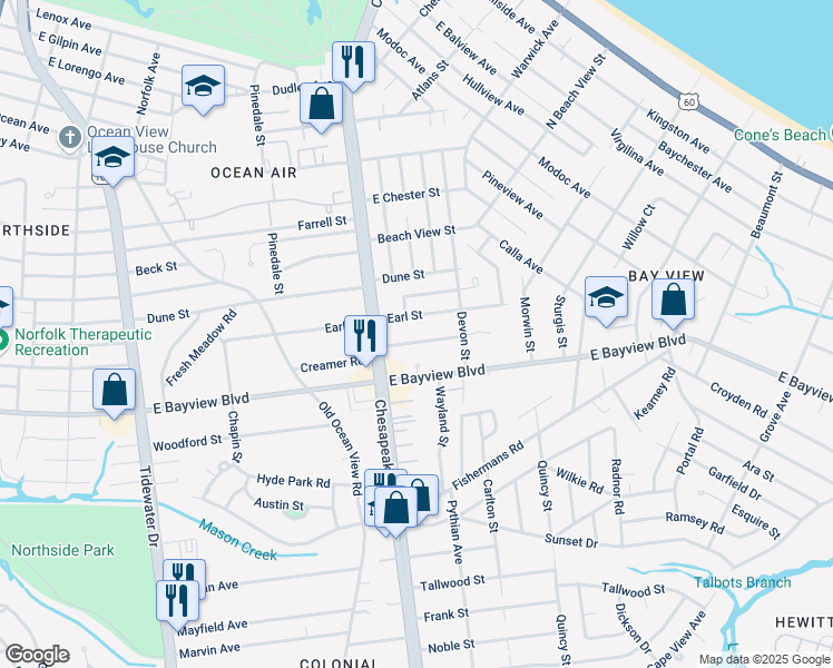 map of restaurants, bars, coffee shops, grocery stores, and more near 1028 Earl Street in Norfolk