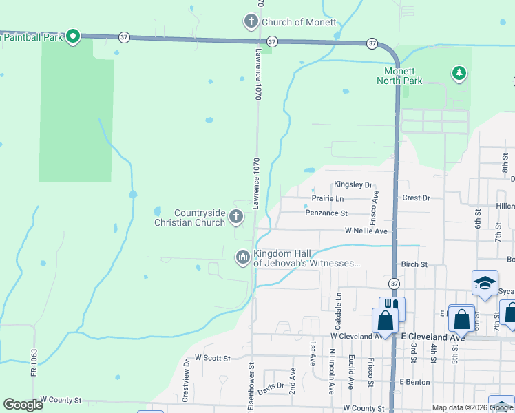 map of restaurants, bars, coffee shops, grocery stores, and more near 1545 Eisenhower Street in Monett