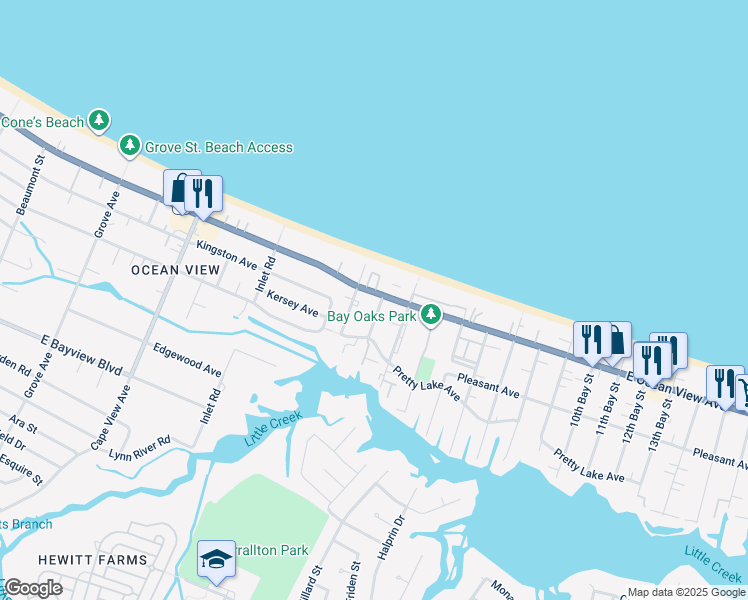 map of restaurants, bars, coffee shops, grocery stores, and more near 2100 East Ocean View Avenue in Norfolk