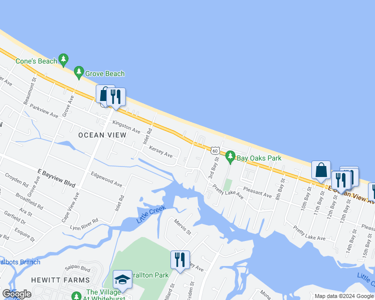 map of restaurants, bars, coffee shops, grocery stores, and more near 2065 East Ocean View Avenue in Norfolk