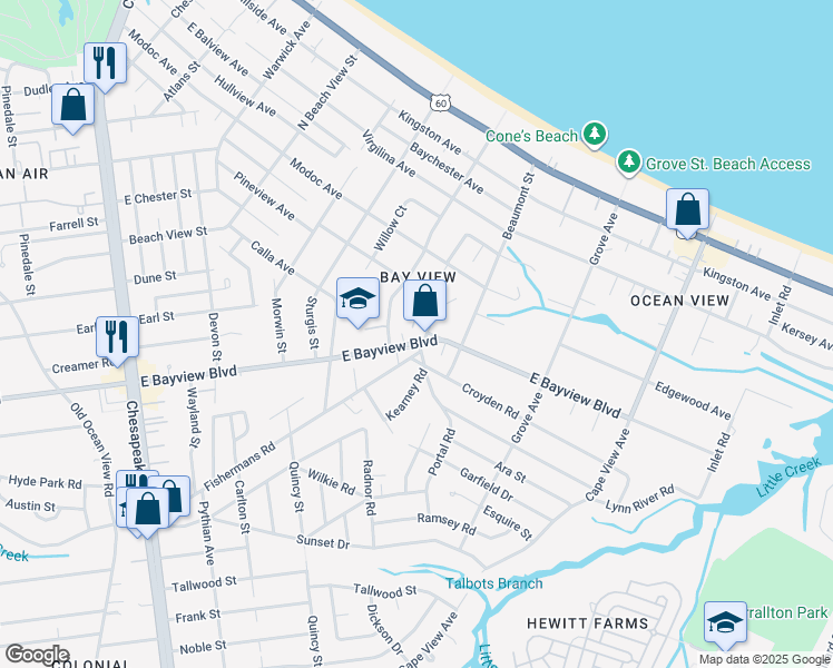 map of restaurants, bars, coffee shops, grocery stores, and more near 9325 Fishermans Road in Norfolk