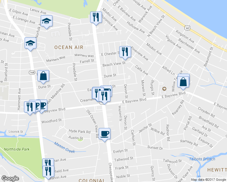 map of restaurants, bars, coffee shops, grocery stores, and more near 1028 Earl Street in Norfolk