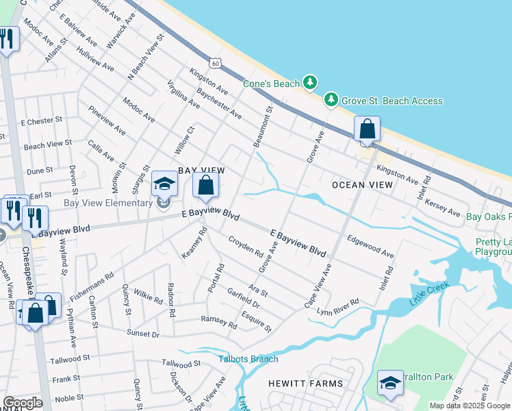 map of restaurants, bars, coffee shops, grocery stores, and more near 1613 Beaumont Court in Norfolk