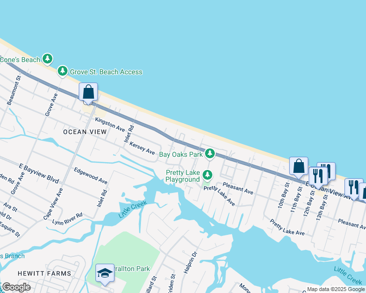 map of restaurants, bars, coffee shops, grocery stores, and more near 2143 East Ocean View Avenue in Norfolk