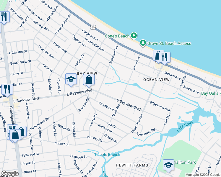 map of restaurants, bars, coffee shops, grocery stores, and more near 1613 Beaumont Court in Norfolk