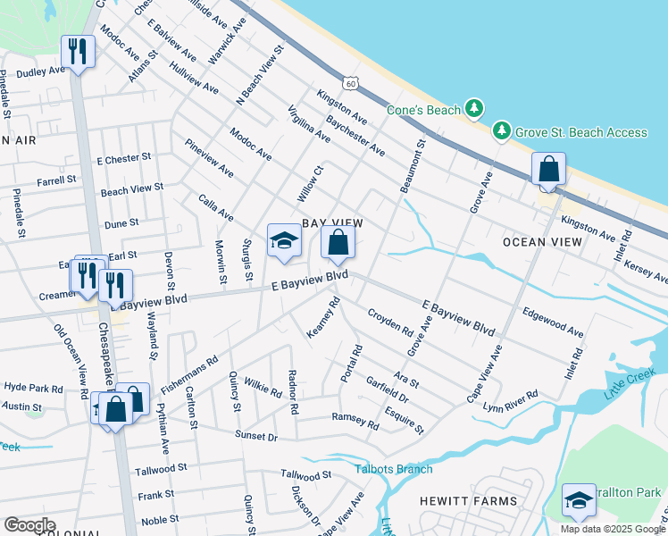 map of restaurants, bars, coffee shops, grocery stores, and more near 9301 Fishermans Road in Norfolk