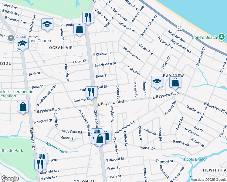 map of restaurants, bars, coffee shops, grocery stores, and more near 1054 Creamer Road in Norfolk