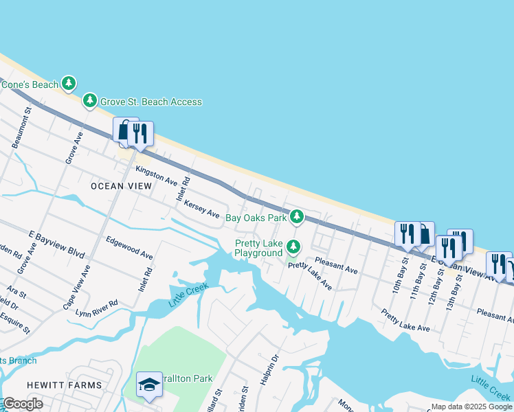 map of restaurants, bars, coffee shops, grocery stores, and more near 2137 East Ocean View Avenue in Norfolk