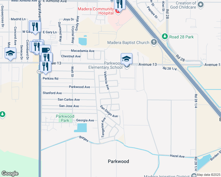map of restaurants, bars, coffee shops, grocery stores, and more near 962 Perkins Avenue in Madera