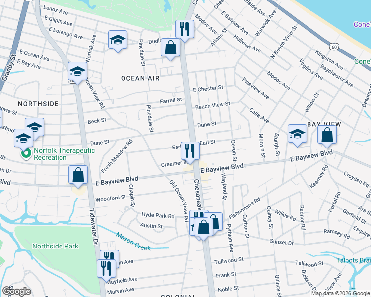 map of restaurants, bars, coffee shops, grocery stores, and more near in Norfolk