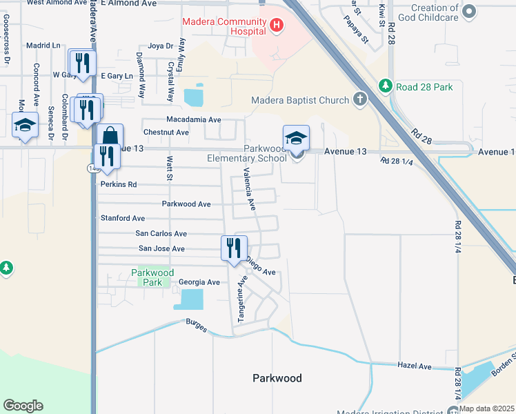 map of restaurants, bars, coffee shops, grocery stores, and more near 962 Perkins Avenue in Madera