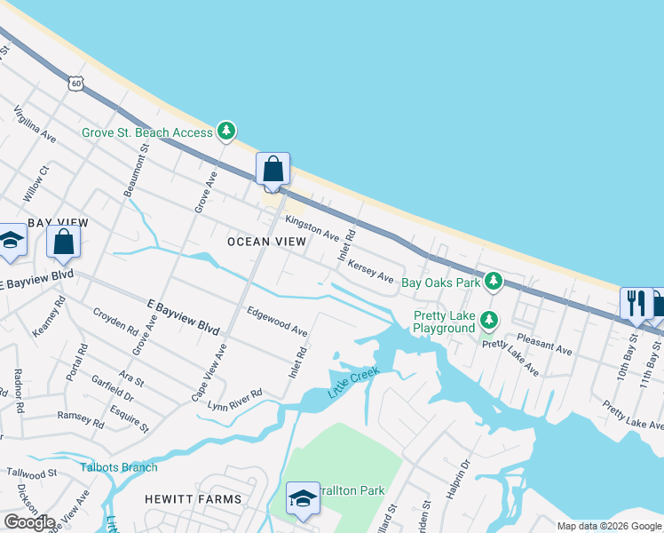 map of restaurants, bars, coffee shops, grocery stores, and more near 2001 Kingston Avenue in Norfolk