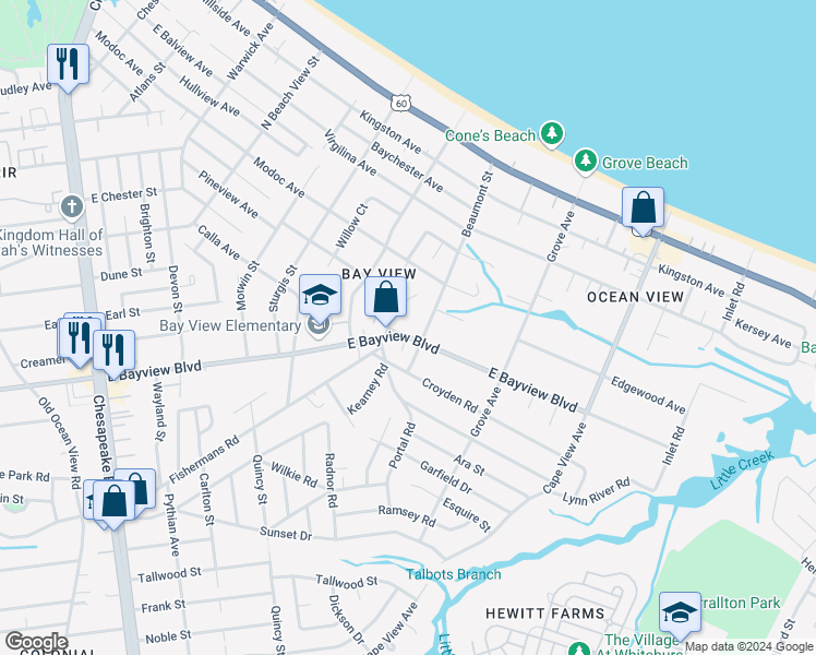 map of restaurants, bars, coffee shops, grocery stores, and more near 9325 Fishermans Road in Norfolk