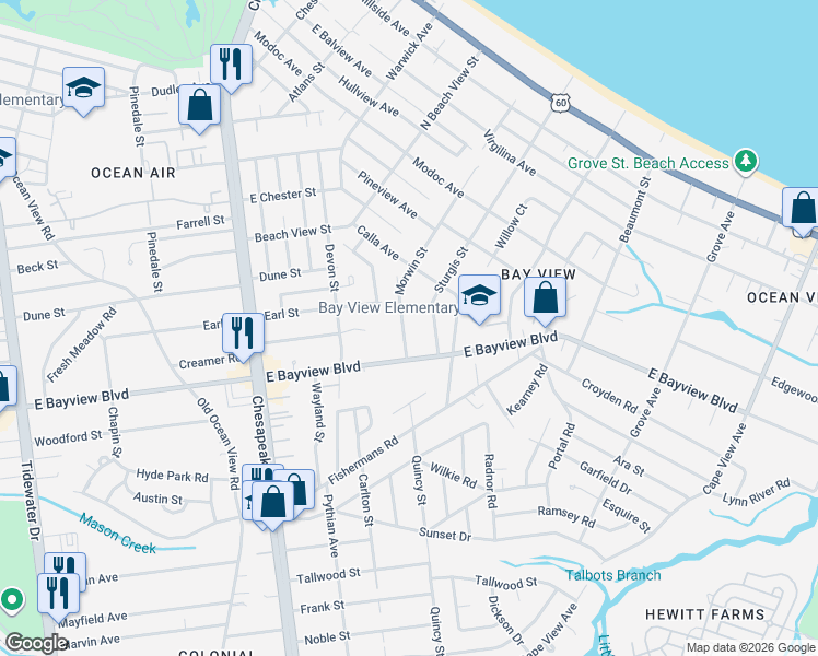 map of restaurants, bars, coffee shops, grocery stores, and more near 8647 Morwin Street in Norfolk