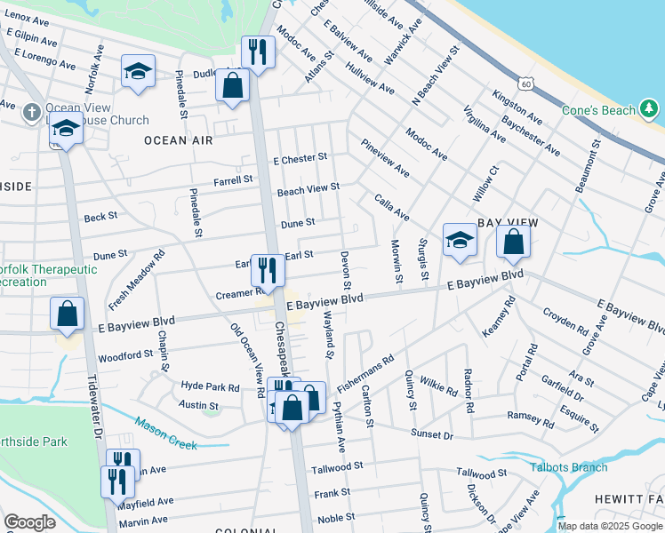 map of restaurants, bars, coffee shops, grocery stores, and more near 1054 Creamer Road in Norfolk