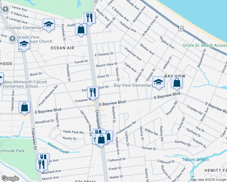 map of restaurants, bars, coffee shops, grocery stores, and more near 1048 Earl Street in Norfolk