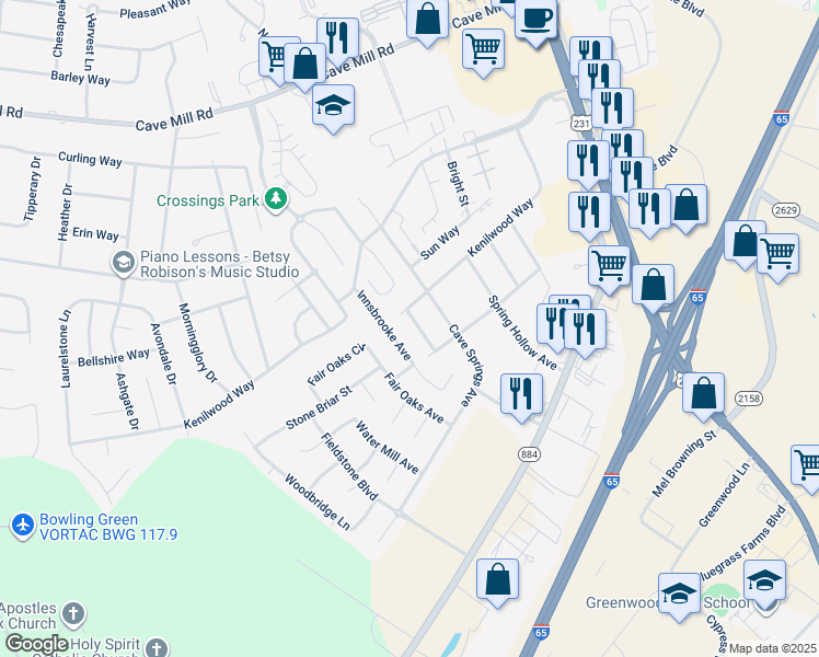 map of restaurants, bars, coffee shops, grocery stores, and more near 1353 Kenilwood Way in Bowling Green