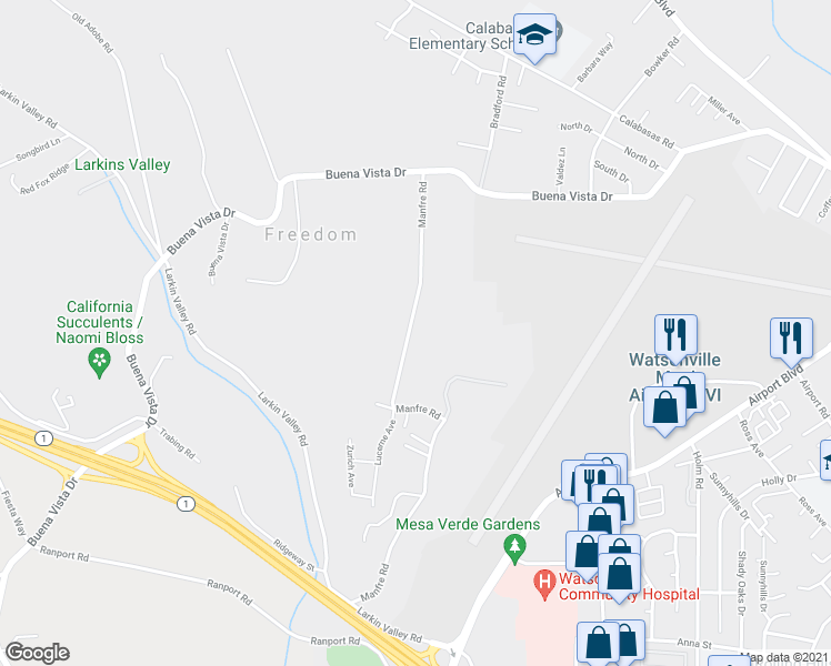 map of restaurants, bars, coffee shops, grocery stores, and more near 222 Manfre Road in Watsonville