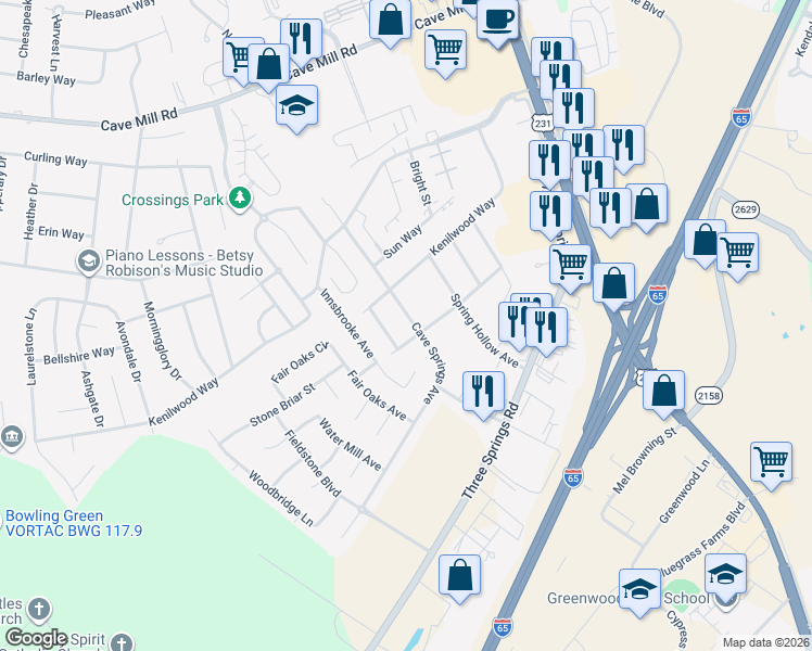 map of restaurants, bars, coffee shops, grocery stores, and more near 3200-3298 Cave Springs Ave in Bowling Green