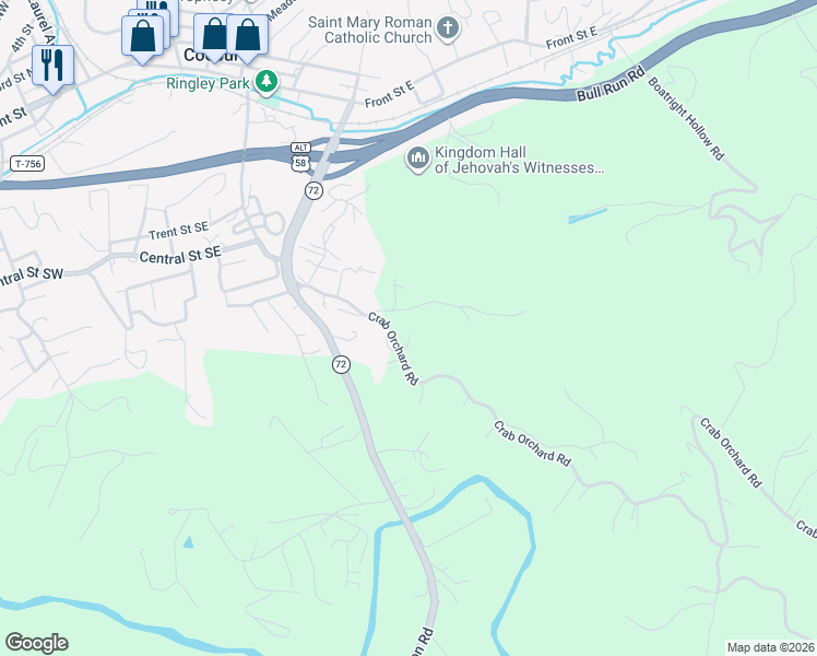 map of restaurants, bars, coffee shops, grocery stores, and more near 12356-12398 McClellan Meade Road in Coeburn