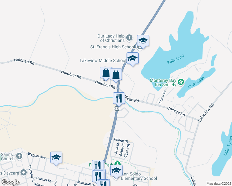 map of restaurants, bars, coffee shops, grocery stores, and more near 2239 East Lake Avenue in Watsonville