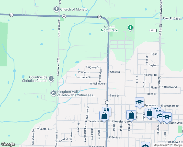 map of restaurants, bars, coffee shops, grocery stores, and more near 200 Prairie Lane in Monett