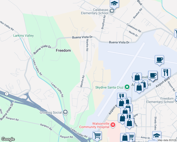 map of restaurants, bars, coffee shops, grocery stores, and more near 222 Manfre Road in Watsonville