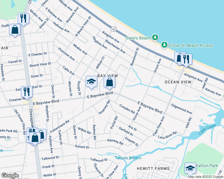 map of restaurants, bars, coffee shops, grocery stores, and more near 9325 Fishermans Road in Norfolk