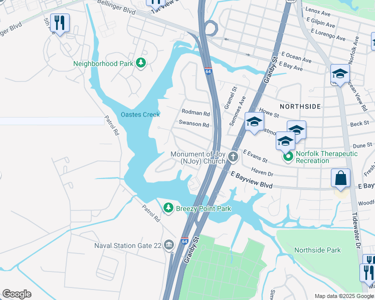 map of restaurants, bars, coffee shops, grocery stores, and more near 156 Lembla Street in Norfolk