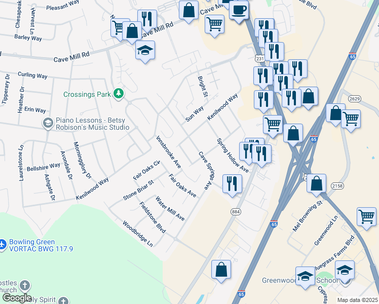 map of restaurants, bars, coffee shops, grocery stores, and more near 3200-3298 Cave Springs Ave in Bowling Green