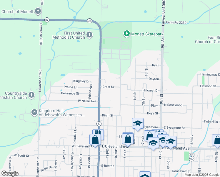 map of restaurants, bars, coffee shops, grocery stores, and more near 123 Crest Drive in Monett