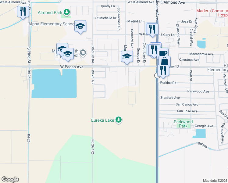 map of restaurants, bars, coffee shops, grocery stores, and more near 1650 Terra Firma Road in Madera