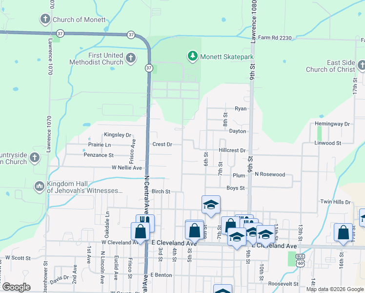 map of restaurants, bars, coffee shops, grocery stores, and more near 1499 N 4th St in Monett