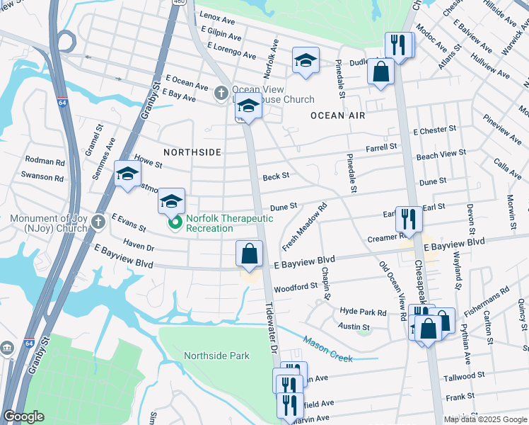 map of restaurants, bars, coffee shops, grocery stores, and more near 8716 Virginia 168 in Norfolk