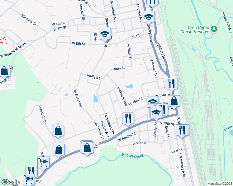map of restaurants, bars, coffee shops, grocery stores, and more near 703 West Adams Street in Corbin