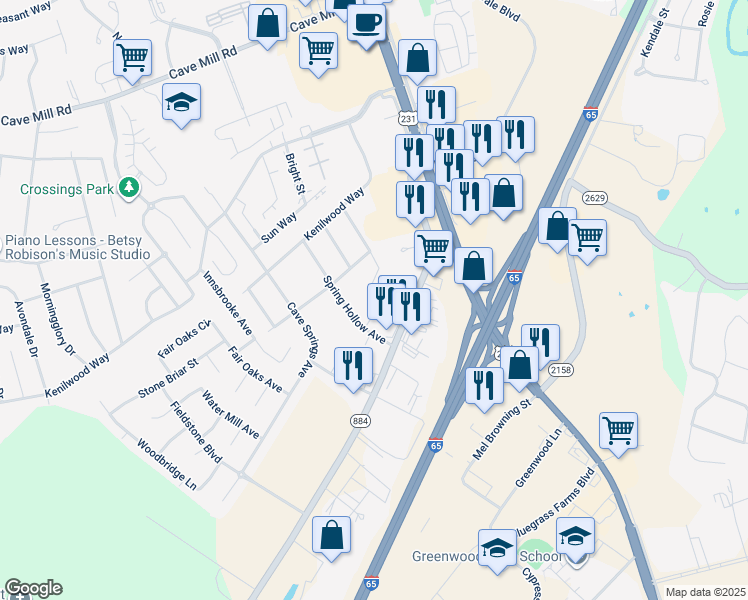 map of restaurants, bars, coffee shops, grocery stores, and more near 455 Three Springs Road in Bowling Green