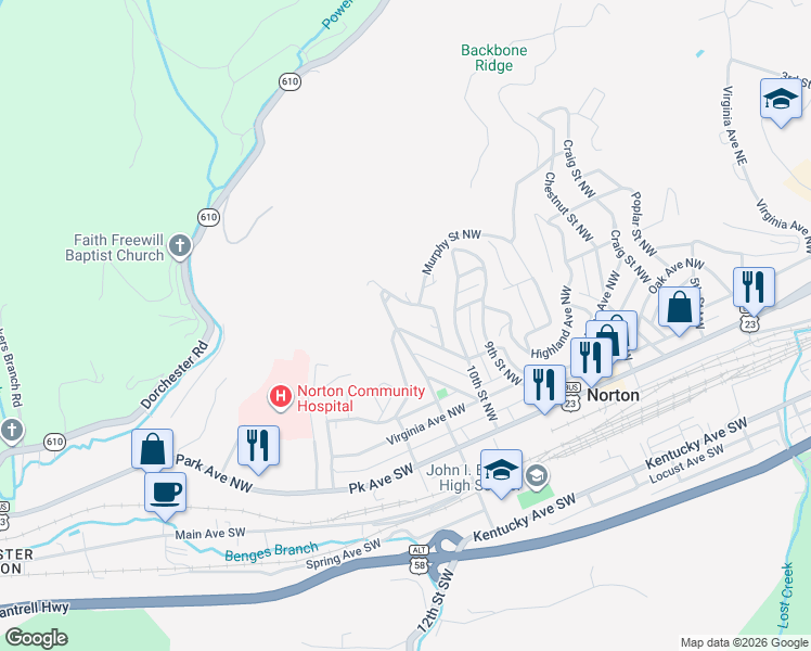map of restaurants, bars, coffee shops, grocery stores, and more near 301-331 11th Street Northwest in Norton
