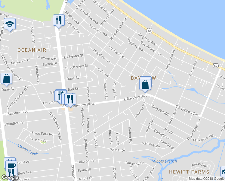 map of restaurants, bars, coffee shops, grocery stores, and more near 8633 Sturgis Street in Norfolk