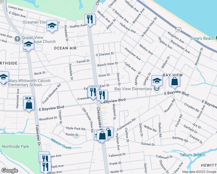 map of restaurants, bars, coffee shops, grocery stores, and more near 1033 Earl Street in Norfolk