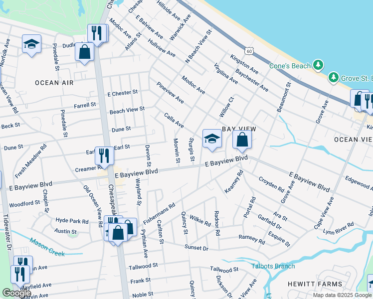 map of restaurants, bars, coffee shops, grocery stores, and more near 8633 Sturgis Street in Norfolk