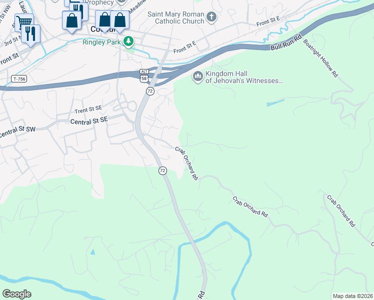 map of restaurants, bars, coffee shops, grocery stores, and more near 12356 McClellan Meade Road in Coeburn