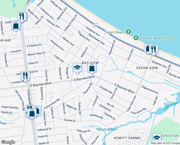 map of restaurants, bars, coffee shops, grocery stores, and more near 9325 Fishermans Road in Norfolk
