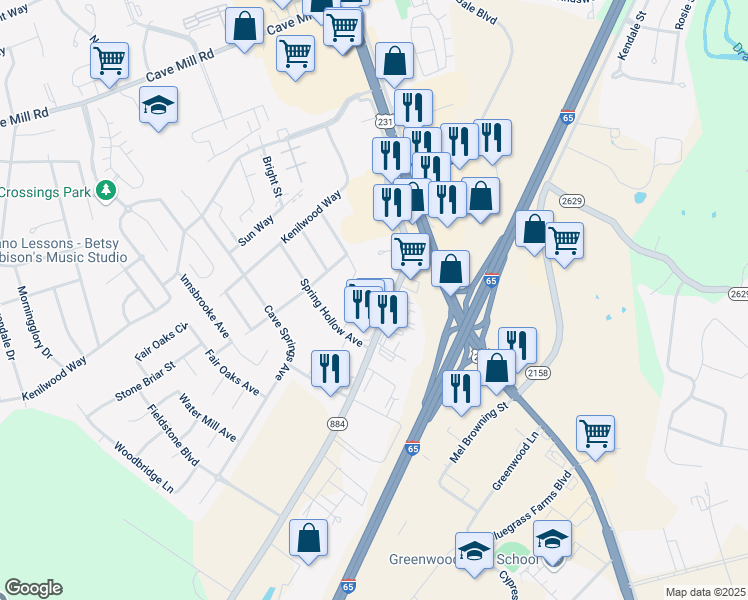 map of restaurants, bars, coffee shops, grocery stores, and more near 455 Three Springs Road in Bowling Green