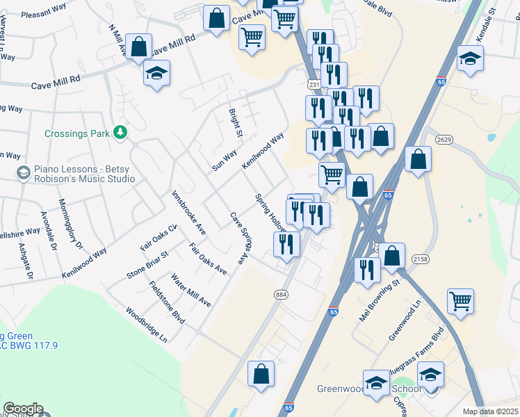 map of restaurants, bars, coffee shops, grocery stores, and more near 1313 Blue Lake Way in Bowling Green