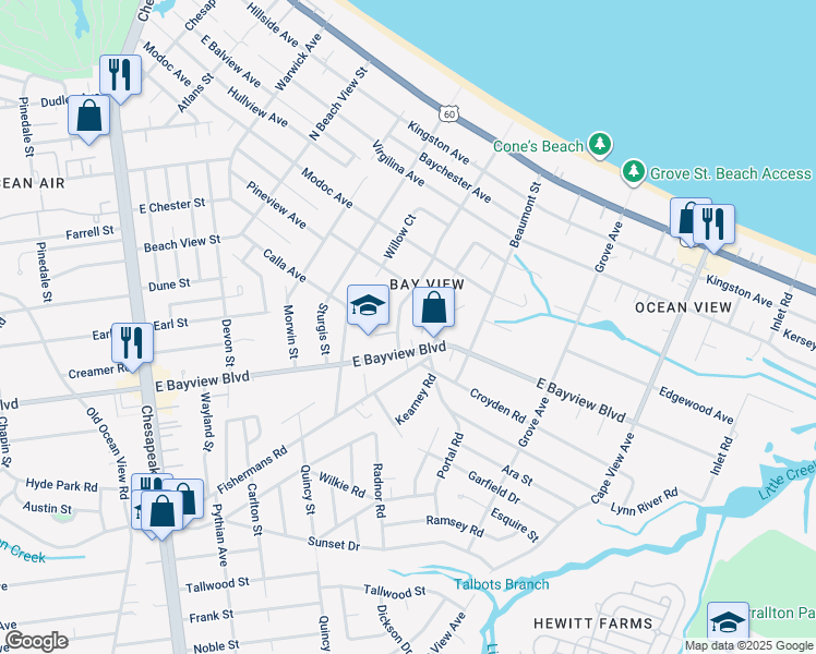 map of restaurants, bars, coffee shops, grocery stores, and more near 8624 Willow Terrace in Norfolk