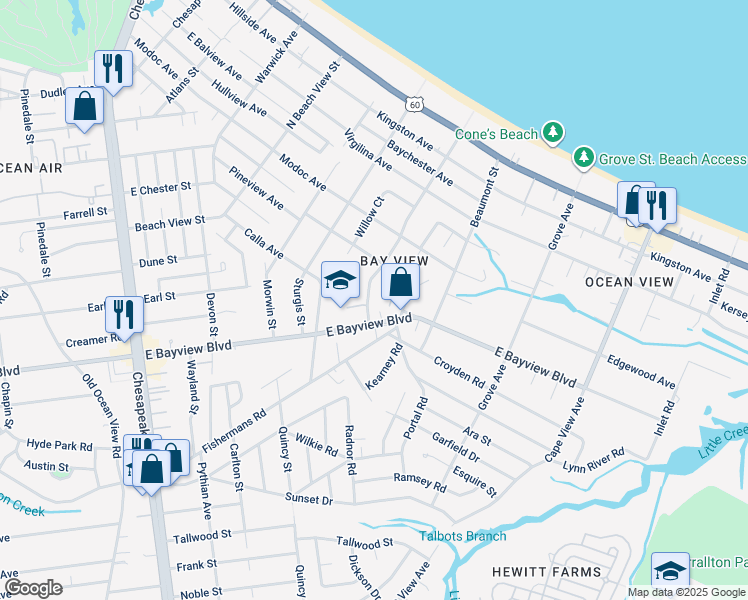 map of restaurants, bars, coffee shops, grocery stores, and more near 8624 Willow Terrace in Norfolk